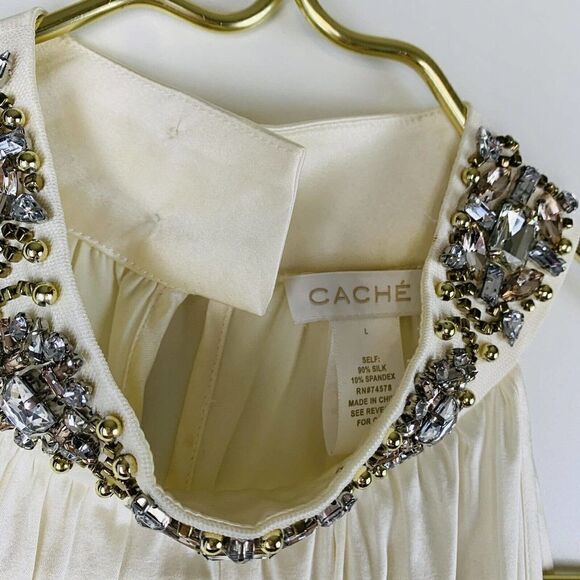Cache Women’s Size L 100%Silk Jewels Halter Neck Satin Pearl Color - Picture 3 of 7